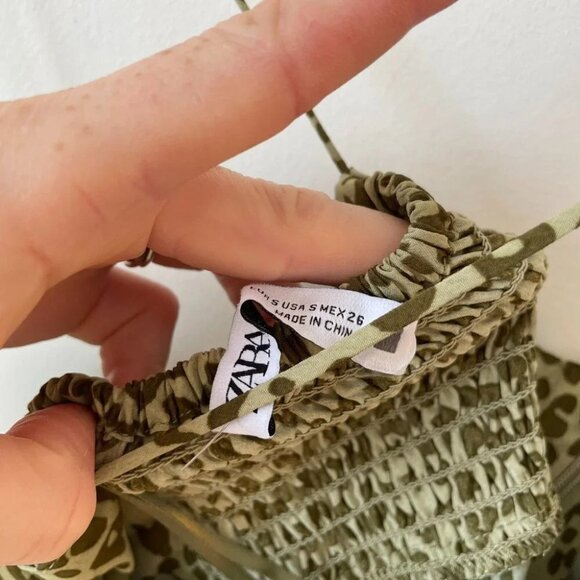 Zara Animal Print  Ruffle Hem Mini Dress Skinny Strap NWOT Green Size Small - Picture 9 of 10